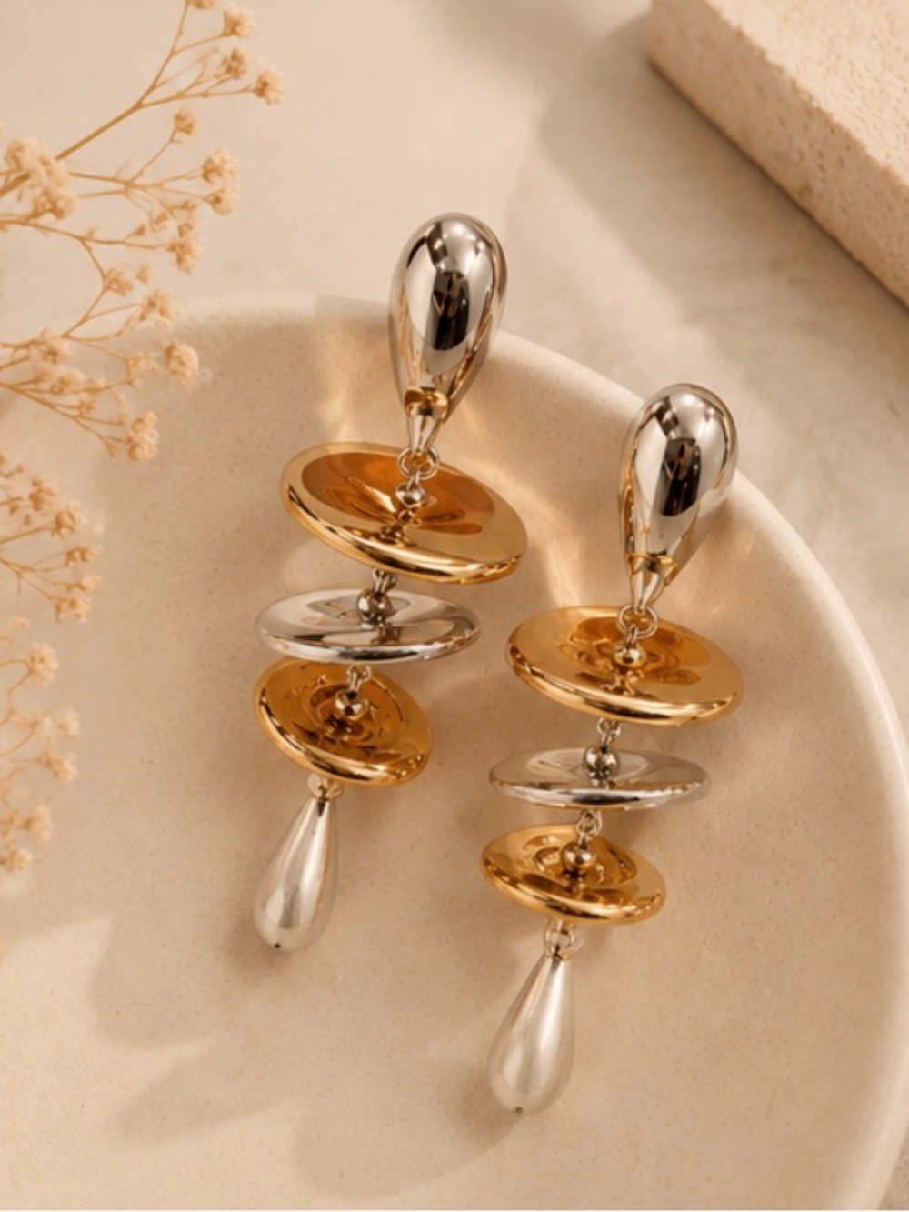 Mixed Metal Sculptural Statement Drop Earrings | Gold & Silver Modern Dangle Ear - Picture 5 of 5